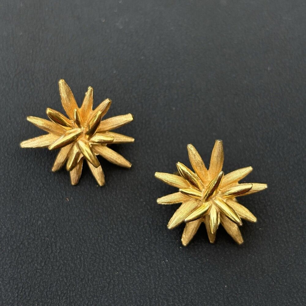 Boucher Gold Tone Atomic Starburst Clip On Earrings Mid Century Modern